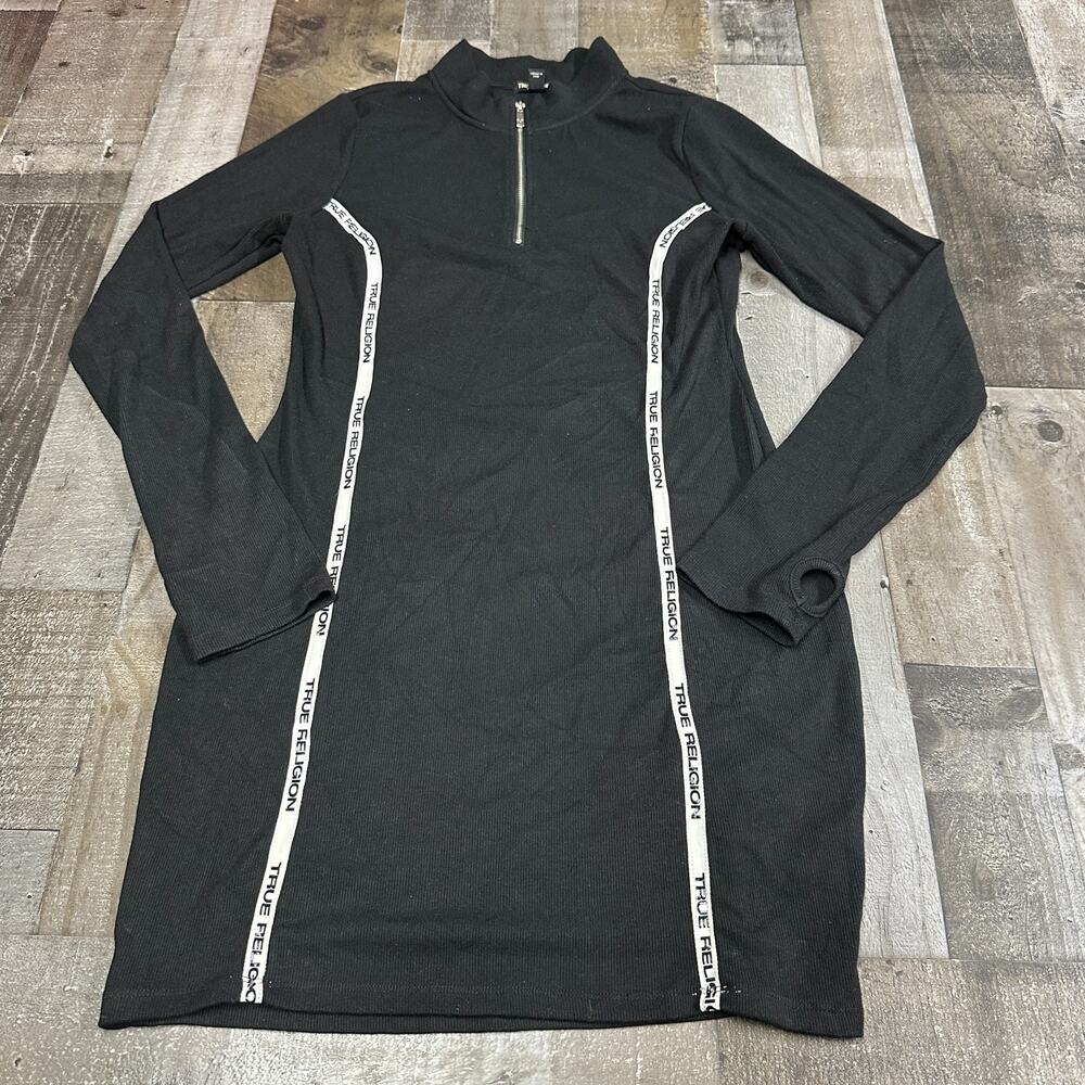 True Religion Women's Logo Trim Zip Mini Dress Black Size Large L‎